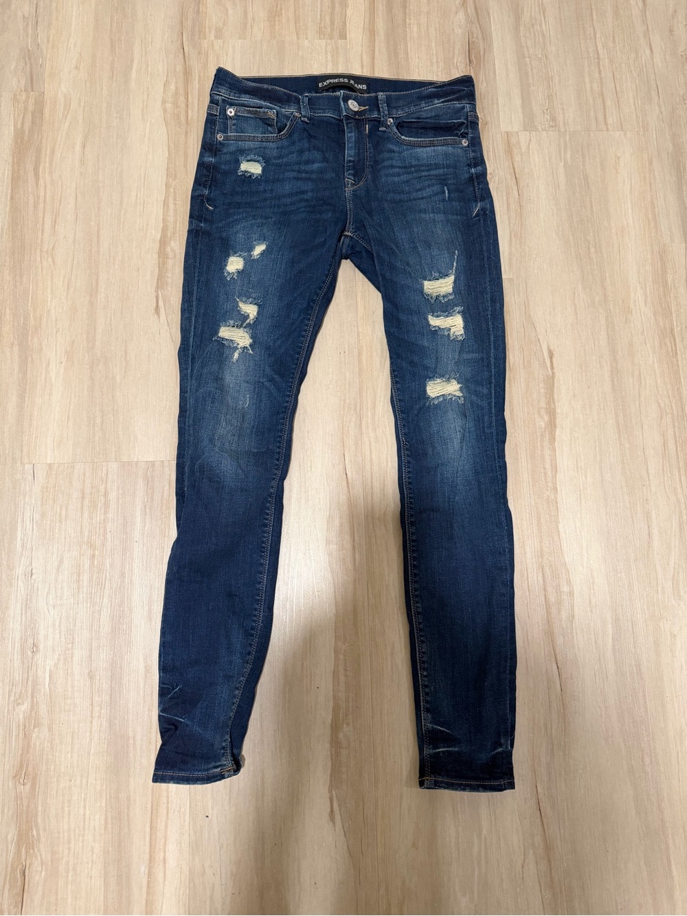 Express Blue Washed Skinny Jeans with Distressed Detail